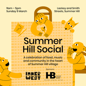 Poster for Summer Hill Social event - Celebration of food, music and community in the heart of Summer Hill Village